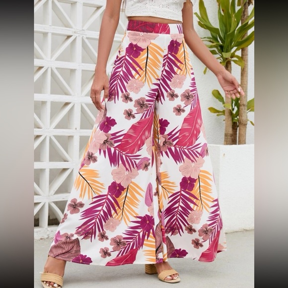 Boho floral leaves tropical print wide leg palazzo pants